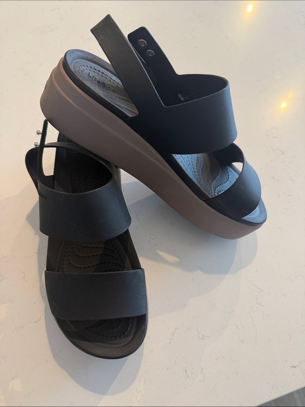 CROCS Two-Band Platform Sandals in Black and Brown